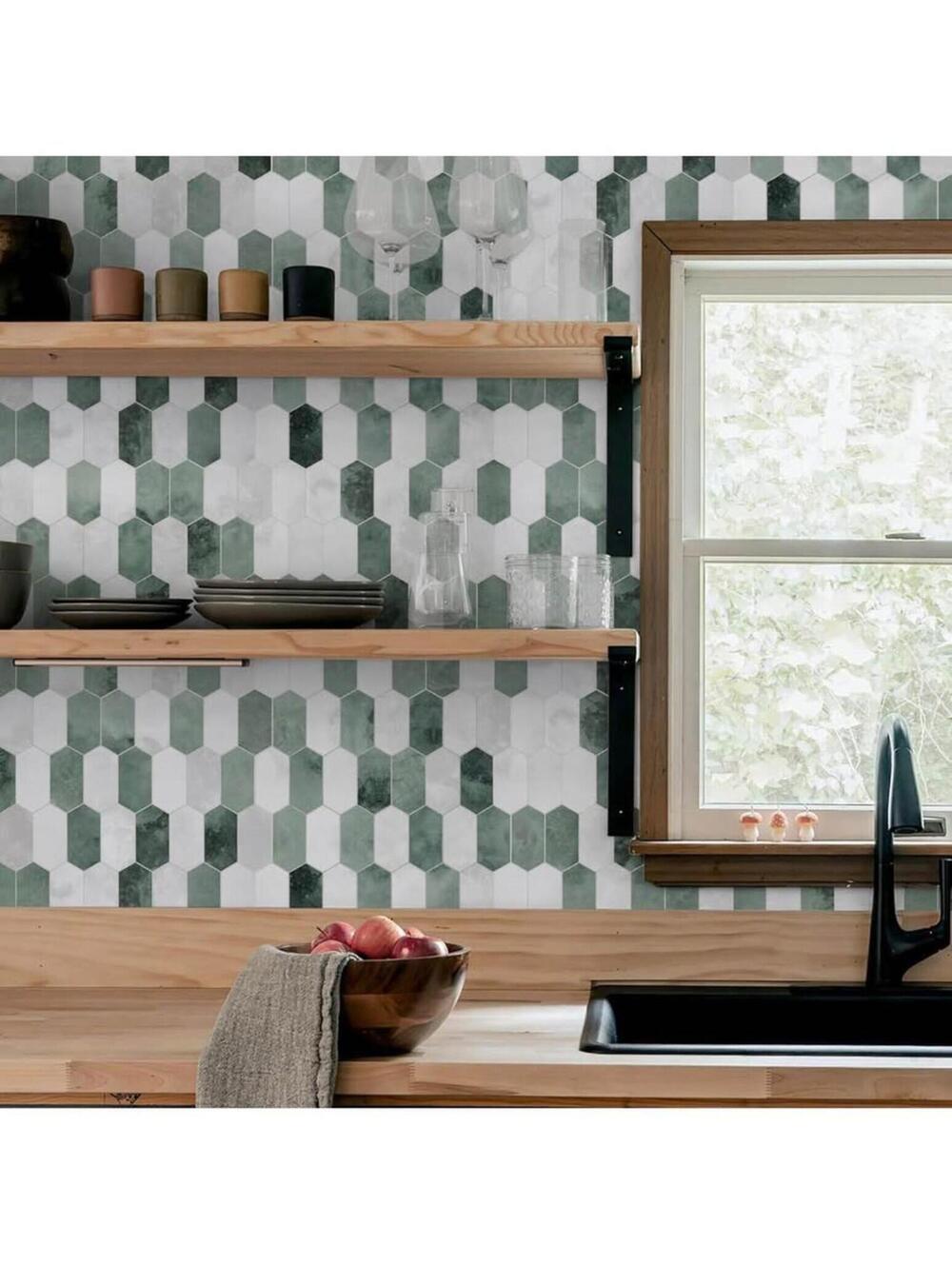 Green Hexagon Peel and Stick Backsplash Tiles - 10 Sheets - New in Box! - Picture 2 of 9